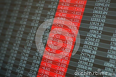 Stock market crash, panic, big losses. Red negative numbers across the board. Stock Photo