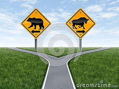 Stock Market crossroads With Bull and Bear Signs Stock Photo