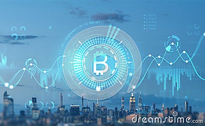 Stock market with cryptocurrency data and rising lines, city view Stock Photo