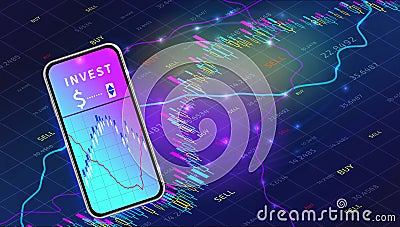 Stock market exchange mobile app concept. Forex trade graph chart design. Cryptocurrency technology. Cartoon Illustration