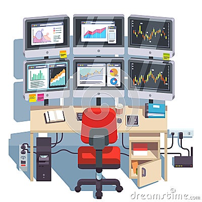 Stock market exchange trader desk with displays Vector Illustration