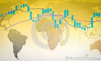 Stock market or forex trading graph and candlestick chart on world map Stock Photo