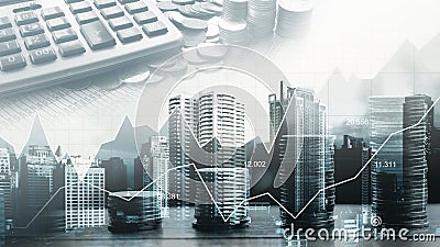 Stock market or forex trading graph in graphic double exposure c Stock Photo