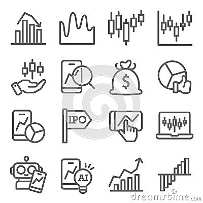 Stock Market icons set vector illustration. Contains such icon as Candle Graph, AI, IPO, Investment and more. Expanded Stroke Vector Illustration