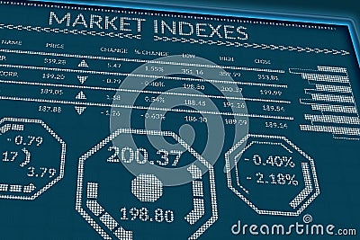 Stock market indexes or forex trade data on pixels screen. Perspective view of display monitor or information table with graphs, Stock Photo