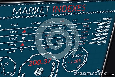 Stock market indexes or forex trade data on pixels screen. Perspective view of display monitor or information table with graphs, Stock Photo