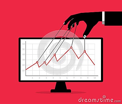 Stock market manipulation, hands with strings over graph for changing, controlling price movement, businessman market manipulator Vector Illustration