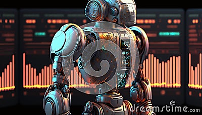 Stock market Robot. Trading Bot. Neon charts. Isolated on a black background Stock Photo