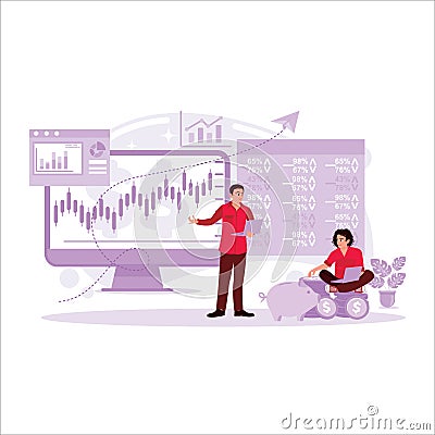 Stock market traders look at the ticker numbers and charts of continuously rising stocks. Perform data analysis and sales. Vector Illustration