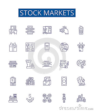 Stock markets line icons signs set. Design collection of Stocks, Markets, Equity, Trading, Securities, Investment Vector Illustration