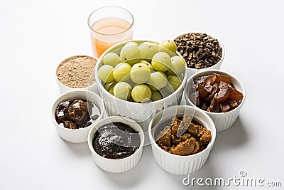 Amla or avla juice, pickle, supari, murabba, chyawanprash Stock Photo