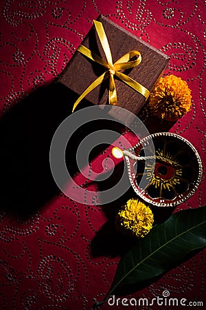 stock photo of beautiful diwali diya with gift box Stock Photo