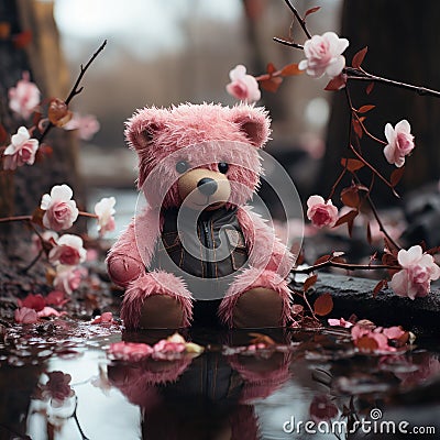 Rainy Solitude: Melancholic Teddy Bear Amidst Cherry Blossoms. Generative Ai Stock Photo