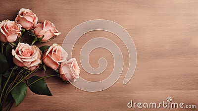 Elegant Pink Roses on Wooden Backdrop with Copy Space. Generative Ai Stock Photo