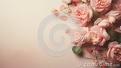 Elegant Pink Roses on Wooden Backdrop with Copy Space. Generative Ai Stock Photo