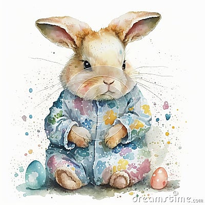 Pajama Party Bunny: Adorable Rabbit with Easter Flowers AI Generated Stock Photo