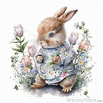 Bunny Love: Cute Pajama-Wearing Rabbit with Easter Flowers AI Generated Stock Photo