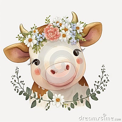 Happy Heifer Watercolor Cow with a Cheery Smile and Flower - Generative AI Stock Photo
