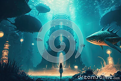 Futuristic Underwater Cityscape with Mermaids and Glowing Lights, generative ai Stock Photo