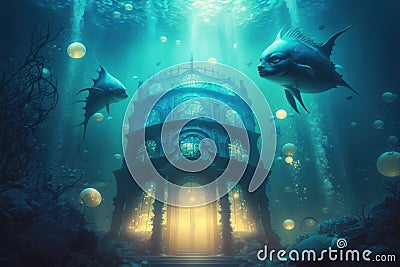 Futuristic Underwater Cityscape with Mermaids and Glowing Lights, generative ai Stock Photo