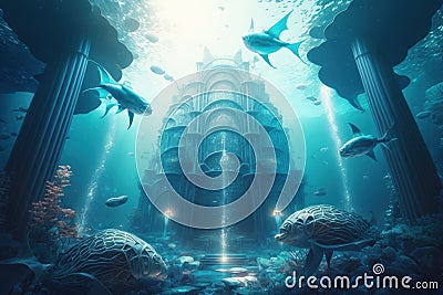 Futuristic Underwater Cityscape with Mermaids and Glowing Lights, generative ai Stock Photo