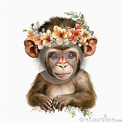 Floral Crown Cutie: Baby Monkey Watercolor, Isolated on White background - Generative AI Cartoon Illustration