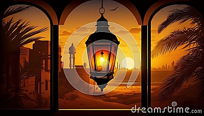 Ramadhan Kareem: A View of the Arab City Through Sunset Windows with Classic Lantern. Created with generative AI technology. Stock Photo