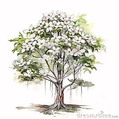 The Colors of Spring: A Watercolor Dogwood Tree in Pastel Hues AI Generated Stock Photo