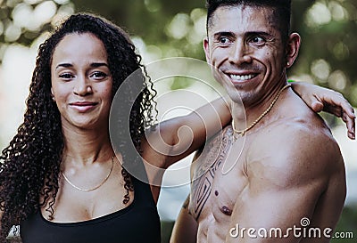 Photo of a young couple of different ethnicities in good shape Stock Photo