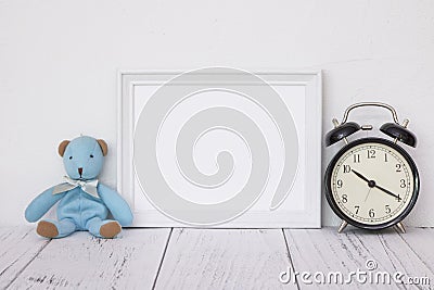 Stock photography white frame vintage painted wood table cute blue bear Stock Photo