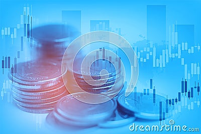 Saving stack coins Thai bath money on Forex trading stock market economic graph chart Stock Photo