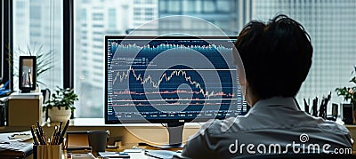 Stock trader analyzing cryptocurrency chart data on computer in office Stock Photo