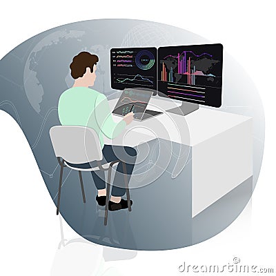 Stock trader at workplace, sell and buy Vector Illustration