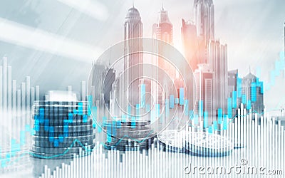 Stock trading candlestick chart and diagrams. Abstract double exposure finance background. Stock Photo