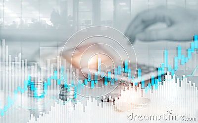 Stock trading candlestick chart and diagrams. Abstract double exposure finance background. Stock Photo