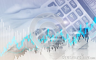 Stock trading candlestick chart and diagrams. Abstract double exposure finance background. Stock Photo