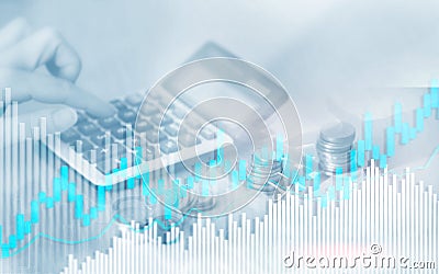 Stock trading candlestick chart and diagrams. Abstract double exposure finance background. Stock Photo