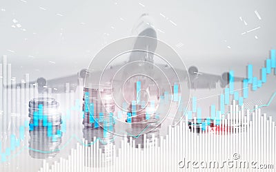 Stock trading candlestick chart and diagrams. Abstract double exposure finance background. Stock Photo