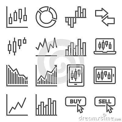 Stock trading icon set vector illustration. Contains such icon as Online trading, Buy, Sell, Portfolio, Candle, Pie chart and more Vector Illustration