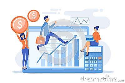 Stock trading, income growth. ROI, investment increasing. Business profits calculation. Demand planning, demand analytics, digital Vector Illustration