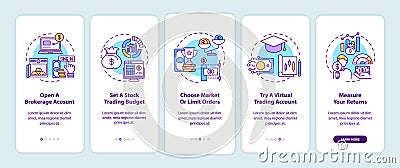 Stock trading steps onboarding mobile app page screen with concepts Vector Illustration