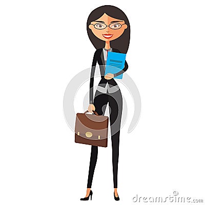 Stock vector cartoon illustration flat business spectacled secretary. Bespectacled manager standing. Vector Illustration