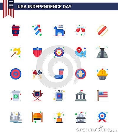 Stock Vector Icon Pack of American Day 25 Flat Signs and Symbols for hotdog; america; donkey; wine glass; beer Vector Illustration