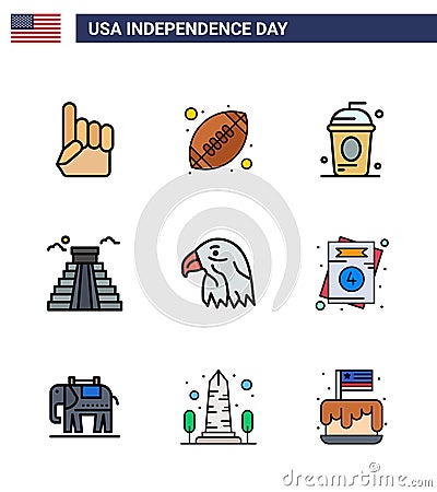 Stock Vector Icon Pack of American Day 9 Line Signs and Symbols for animal; american; cake; landmark; independece Vector Illustration