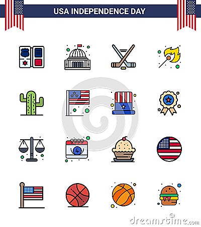 Stock Vector Icon Pack of American Day 16 Line Signs and Symbols for cactus; match; white; fire; american Vector Illustration