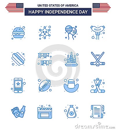 Stock Vector Icon Pack of American Day 16 Line Signs and Symbols for american day; hotdog; bloons; american; frankfurter Vector Illustration