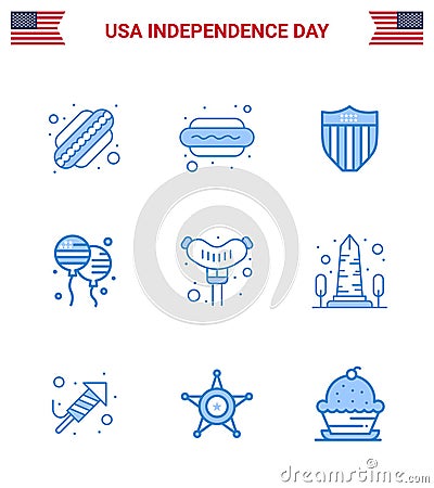 Happy Independence Day 9 Blues Icon Pack for Web and Print sausage; food; shield; american; bloons Vector Illustration
