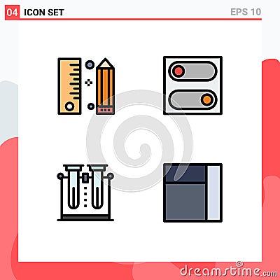 4 Universal Filledline Flat Color Signs Symbols of coding, laboratory, pencil, switch, testing Vector Illustration