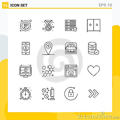 Stock Vector Icon Pack of 16 Line Signs and Symbols for gps, mobile application, security, mobile, wardrobe Vector Illustration