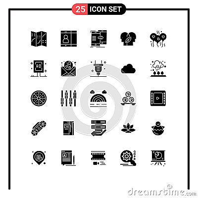 Stock Vector Icon Pack of 25 Line Signs and Symbols for heart, bloone, sync, mind, eco mind Vector Illustration